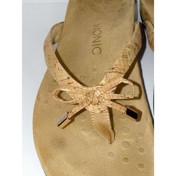 Vionic Bella Sandal Beige Neutral Flip Flop Bow Gold Cork Toe Post Comfort Sz 6 - Picture 6 of 16